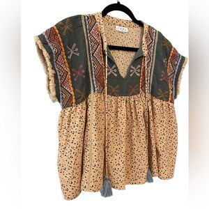THML Boho Embroidered Peasant Top in Olive and Tan